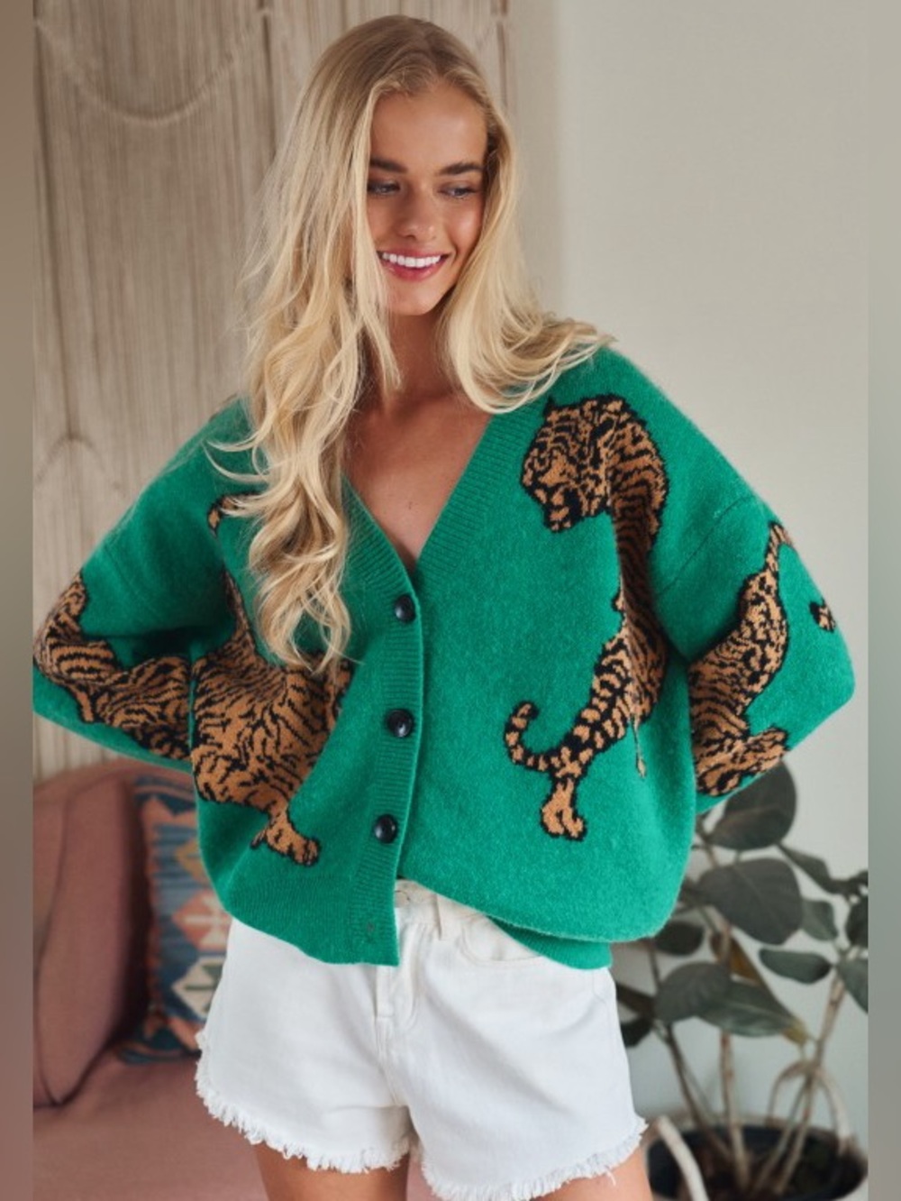 NWT Green Wild Tiger-Print Button Cardigan Sweater